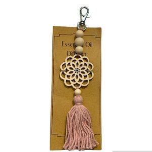 ESSENTIAL OIL MANDALA KEYCHAIN DIFFUSER WITH WOODEN BEADS AND PINK YARN TASSLE